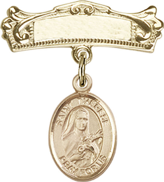 St. Therese of Lisieux Charm and Arched Polished Engravable Badge Pin