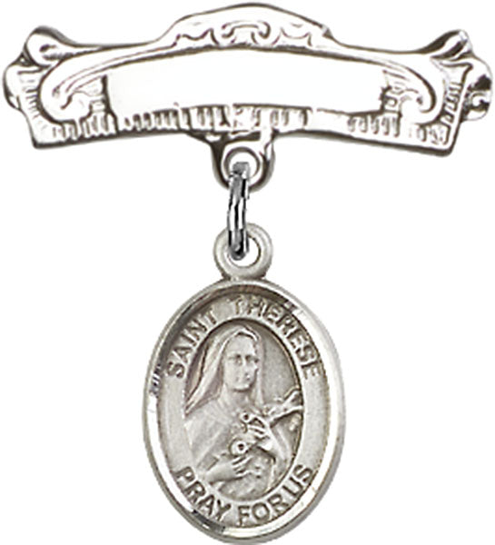 St. Therese of Lisieux Charm and Arched Polished Engravable Badge Pin