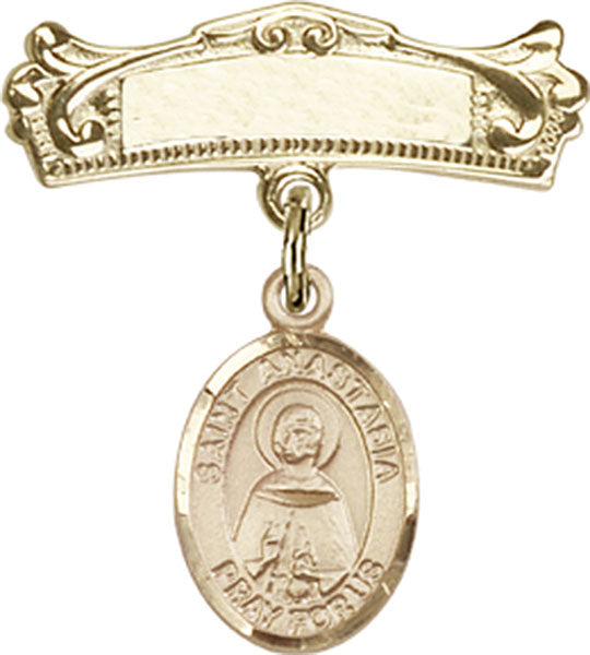St. Anastasia Charm and Arched Polished Engravable Badge Pin