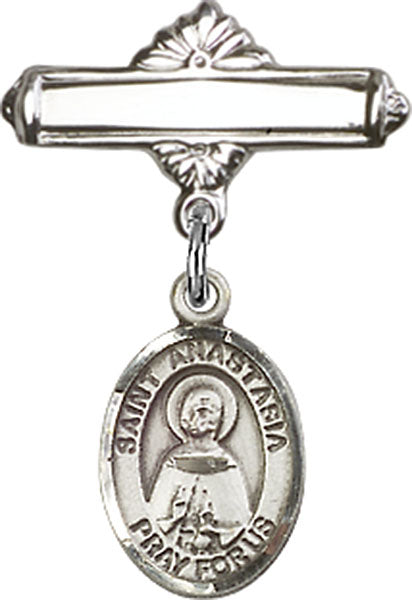 St. Anastasia Charm and Polished Engravable Badge Pin