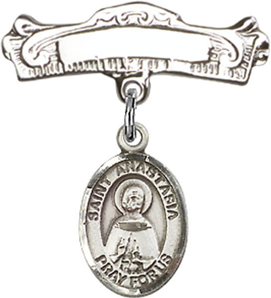 St. Anastasia Charm and Arched Polished Engravable Badge Pin