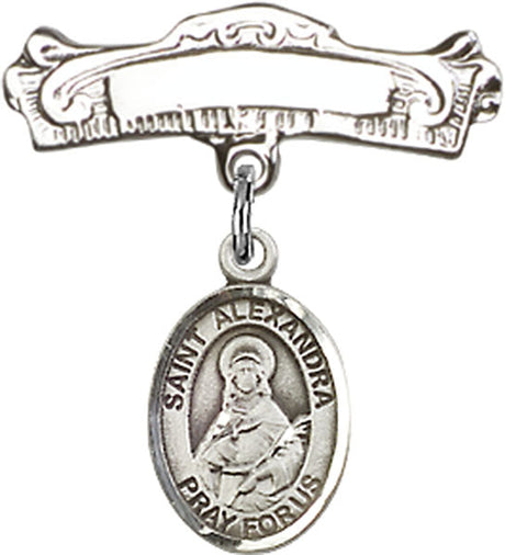 St. Alexandra Charm and Arched Polished Engravable Badge Pin