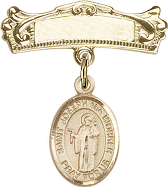 St. Joseph the Worker Charm and Arched Polished Engravable Badge Pin
