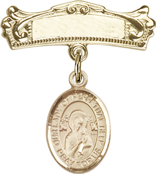 Our Lady of Perpetual Help Charm and Arched Polished Engravable Badge Pin