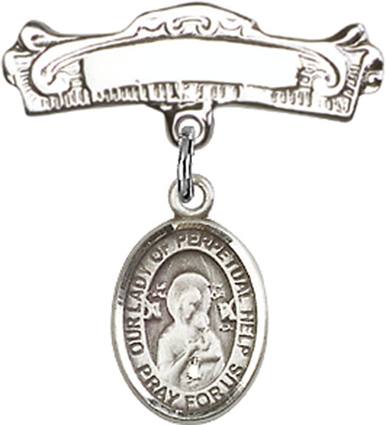 Our Lady of Perpetual Help Charm and Arched Polished Engravable Badge Pin