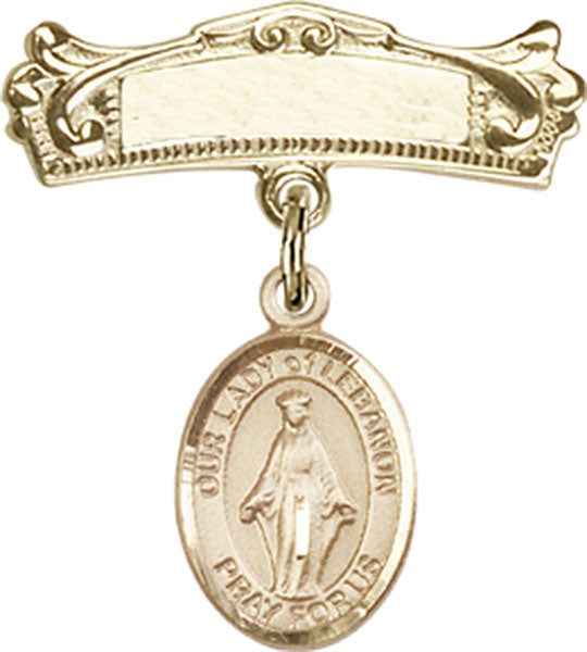 Our Lady of Lebanon Charm and Arched Polished Engravable Badge Pin