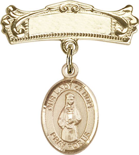 Our Lady of Hope Charm and Arched Polished Engravable Badge Pin