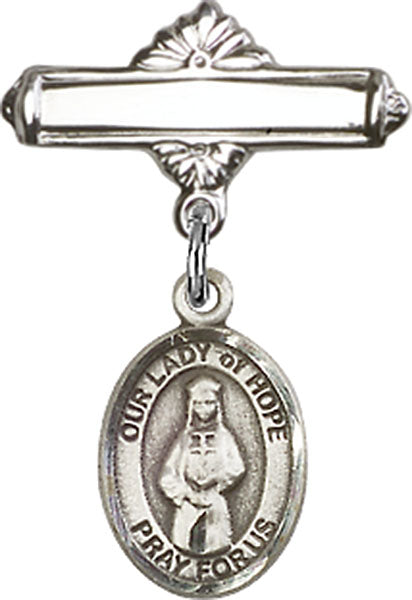 Our Lady of Hope Charm and Polished Engravable Badge Pin