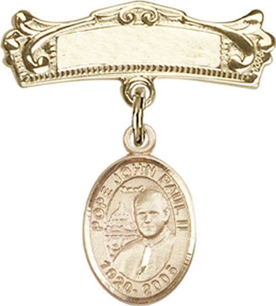 Pope John Paul II Charm and Arched Polished Engravable Badge Pin