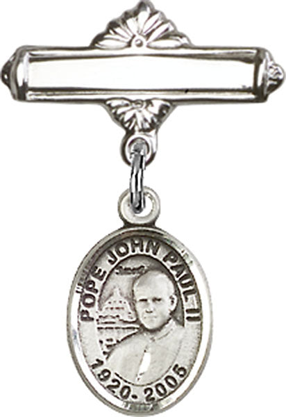 Pope John Paul II Charm and Polished Engravable Badge Pin