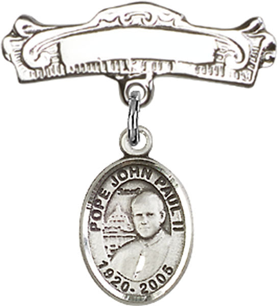Pope John Paul II Charm and Arched Polished Engravable Badge Pin