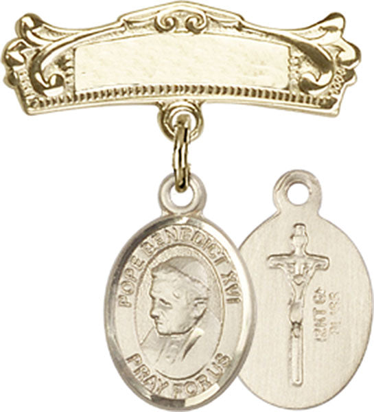 Pope Benedict XVI Charm and Arched Polished Engravable Badge Pin