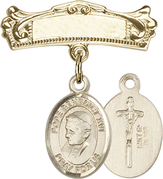 Pope Benedict XVI Charm and Arched Polished Engravable Badge Pin