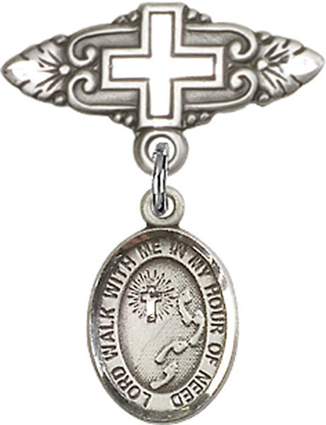Footprints Cross Charm and Badge Pin with Cross