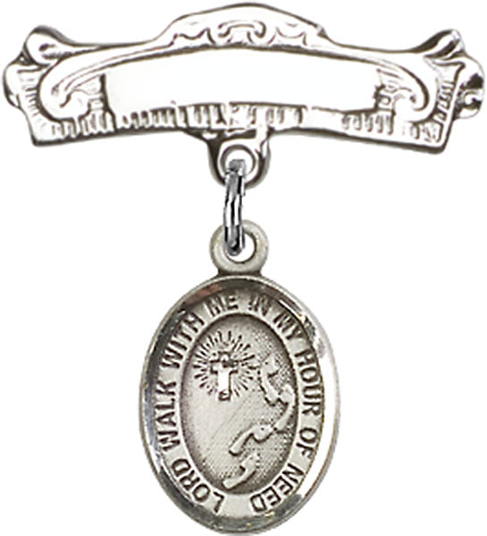 Footprints Cross Charm and Arched Polished Engravable Badge Pin