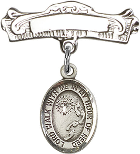 Footprints Cross Charm and Arched Polished Engravable Badge Pin