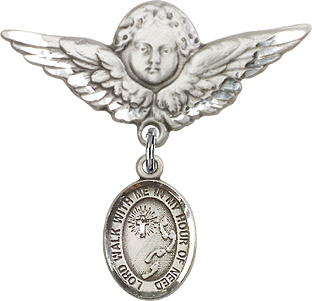 Footprints Cross Charm and Angel with Larger Wings Badge Pin