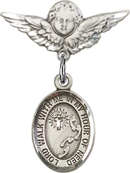 Footprints Cross Charm and Angel with Smaller Wings Badge Pin
