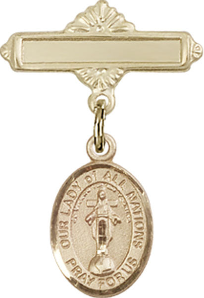 Our Lady of All Nations Charm and Polished Engravable Badge Pin