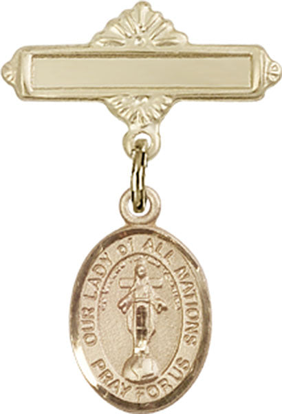 Our Lady of All Nations Charm and Polished Engravable Badge Pin