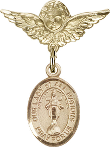 Our Lady of All Nations Charm and Angel with Smaller Wings Badge Pin
