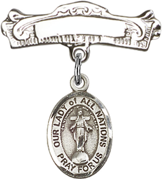 Our Lady of All Nations Charm and Arched Polished Engravable Badge Pin