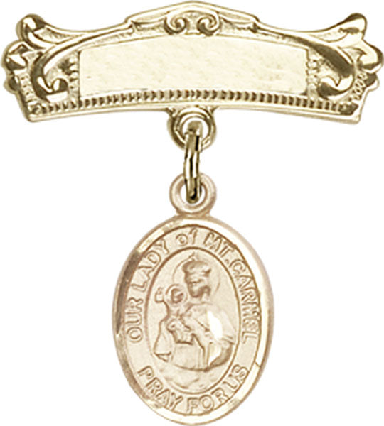 Our Lady of Mount Carmel Charm and Arched Polished Engravable Badge Pin