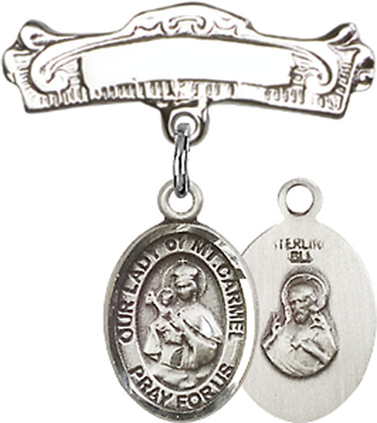 Our Lady of Mount Carmel Charm and Arched Polished Engravable Badge Pin