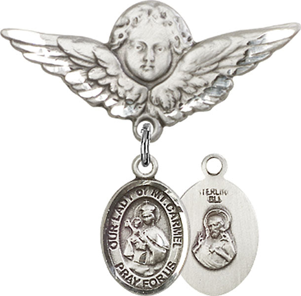 Our Lady of Mount Carmel Charm and Angel with Larger Wings Badge Pin