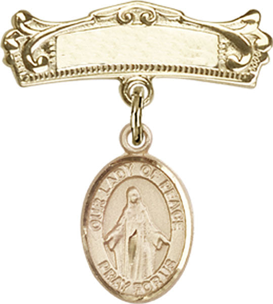Our Lady of Peace Charm and Arched Polished Engravable Badge Pin
