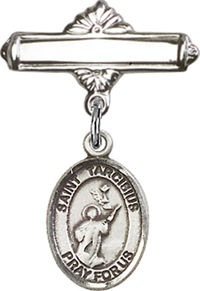 St. Tarcisius Charm and Polished Engravable Badge Pin