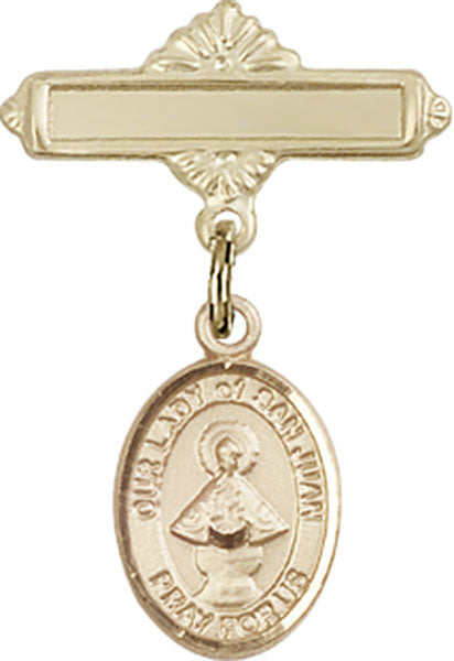 Our Lady of San Juan Charm and Polished Engravable Badge Pin