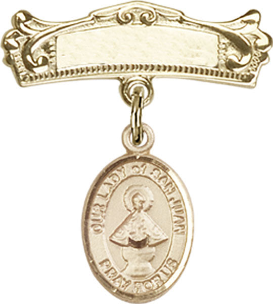 Our Lady of San Juan Charm and Arched Polished Engravable Badge Pin