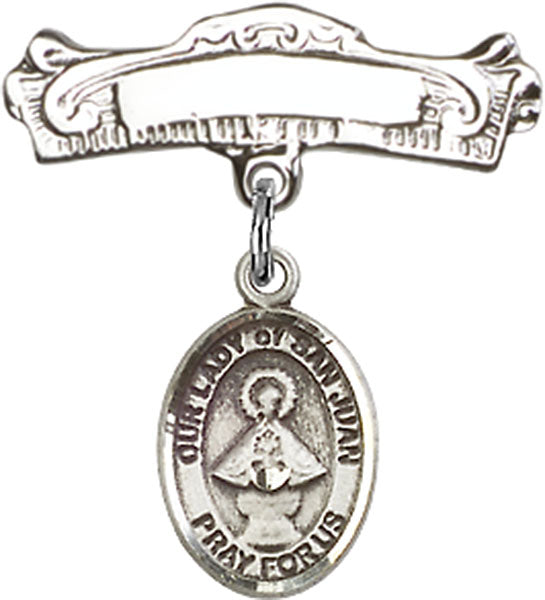 Our Lady of San Juan Charm and Arched Polished Engravable Badge Pin