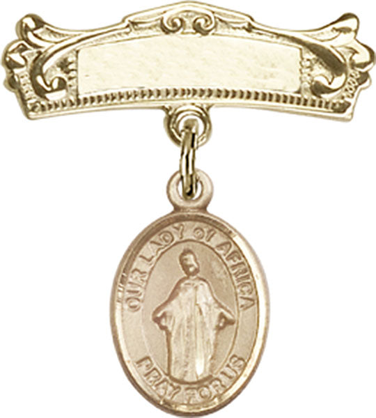 Our Lady of Africa Charm and Arched Polished Engravable Badge Pin