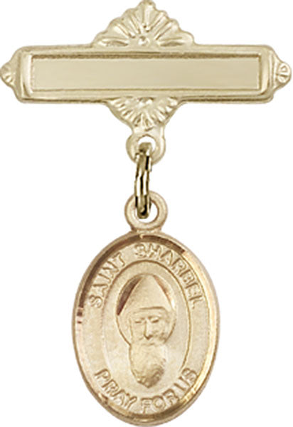 St. Sharbel Charm and Polished Engravable Badge Pin