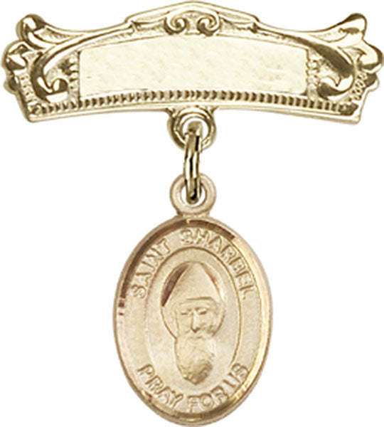 St. Sharbel Charm and Arched Polished Engravable Badge Pin