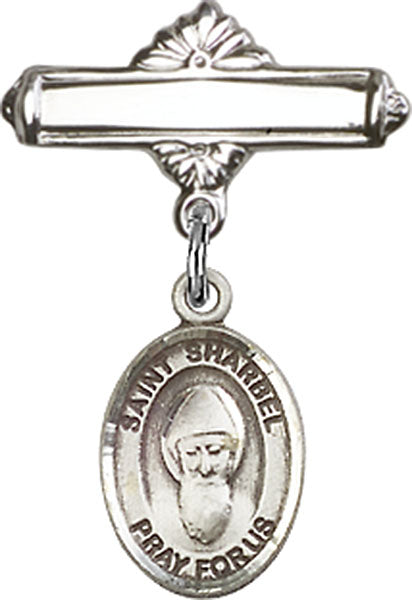 St. Sharbel Charm and Polished Engravable Badge Pin