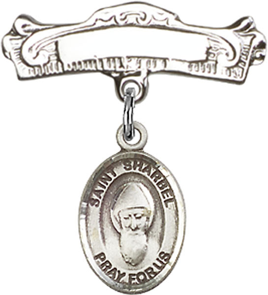 St. Sharbel Charm and Arched Polished Engravable Badge Pin