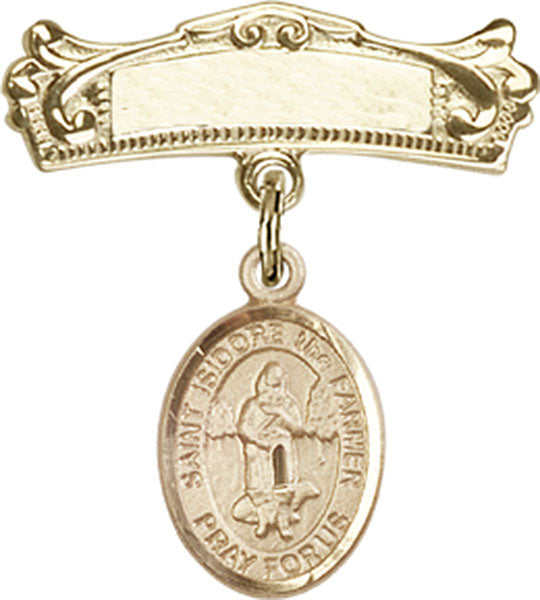 St. Isidore the Farmer Charm and Arched Polished Engravable Badge Pin