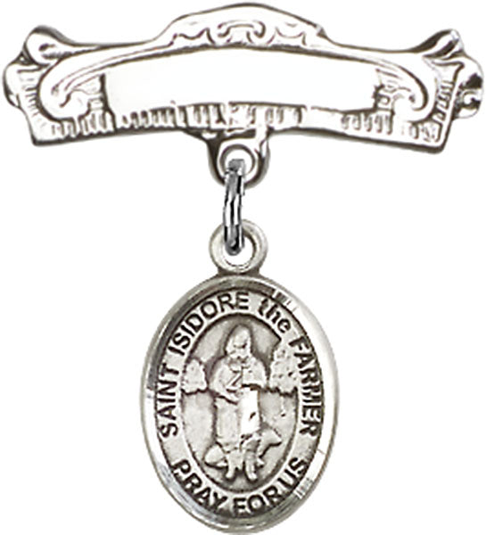 St. Isidore the Farmer Charm and Arched Polished Engravable Badge Pin