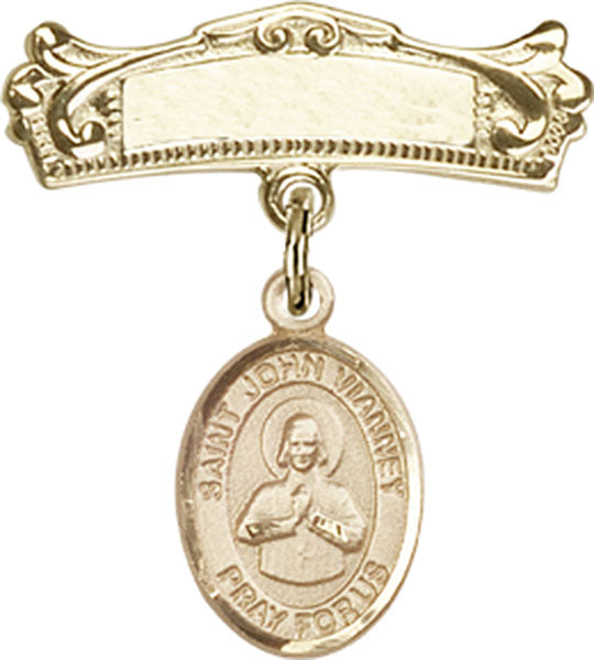 St. John Vianney Charm and Arched Polished Engravable Badge Pin