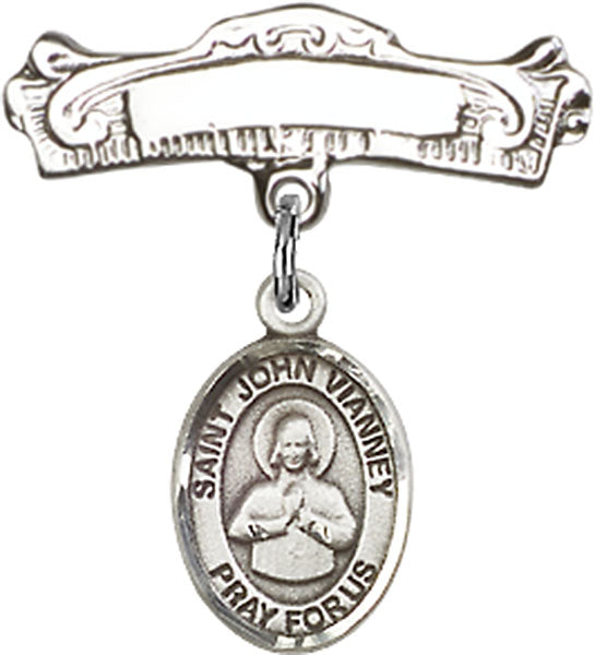 St. John Vianney Charm and Arched Polished Engravable Badge Pin