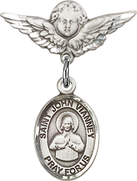 St. John Vianney Charm and Angel with Smaller Wings Badge Pin