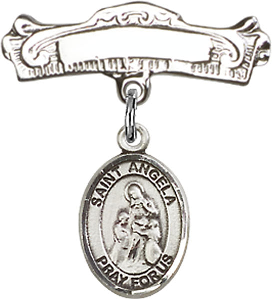 St. Angela Merici Charm and Arched Polished Engravable Badge Pin