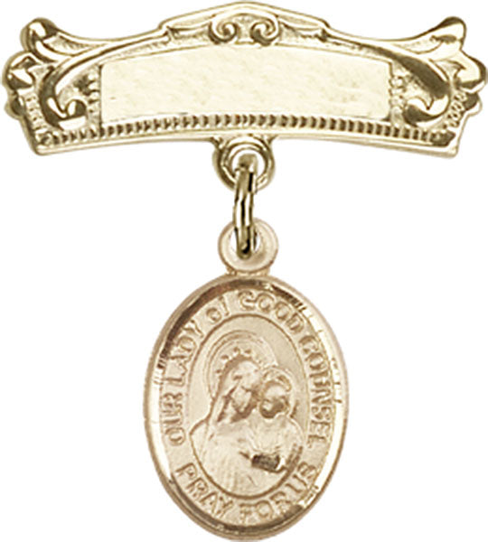 Our Lady of Good Counsel Charm and Arched Polished Engravable Badge Pin