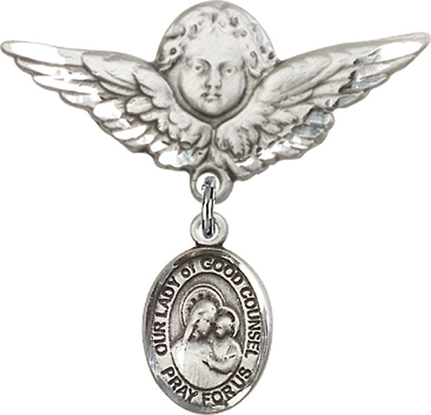 Our Lady of Good Counsel Charm and Angel with Larger Wings Badge Pin