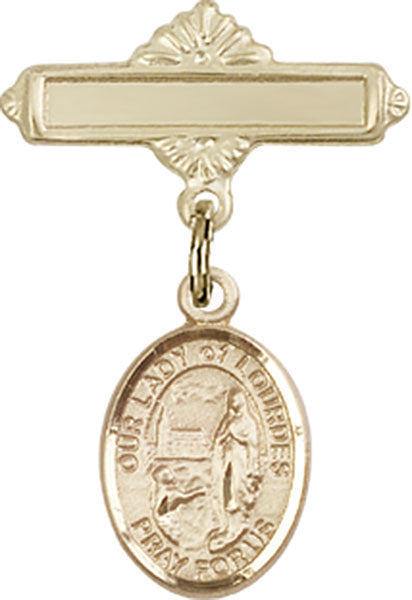 Our Lady of Lourdes Charm and Polished Engravable Badge Pin