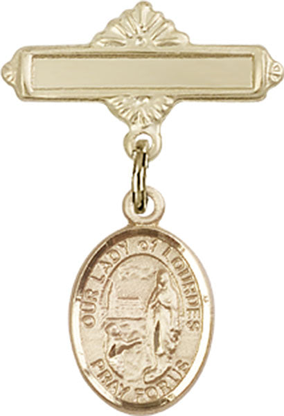Our Lady of Lourdes Charm and Polished Engravable Badge Pin