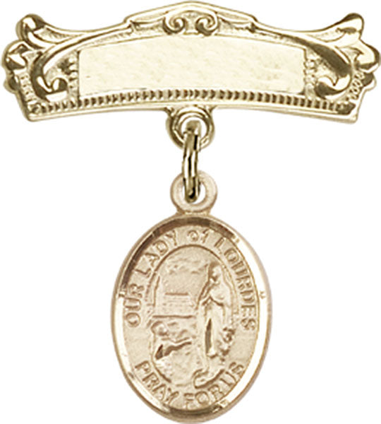Our Lady of Lourdes Charm and Arched Polished Engravable Badge Pin